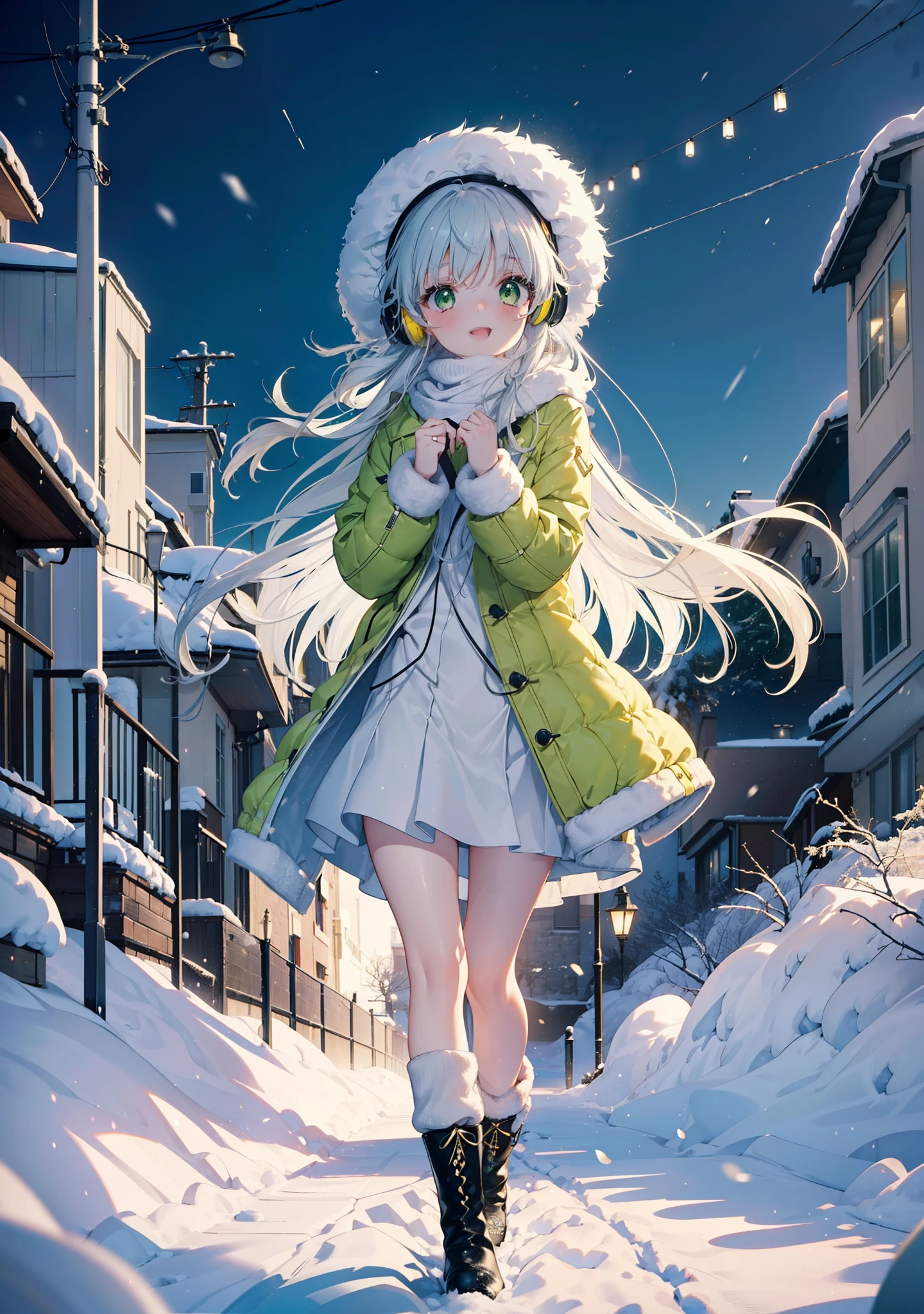 index, index, (Green Eyes:1.5), Silver Hair, Long Hair, (Flat Chest:1.2),happy smile, smile, Open your mouth,Knitted hat,Yellow long coat,White Tokkuri Sweater,Earmuffs,White scarf,Black long skirt,Black pantyhose,short boots,Walking,Snow is piled up,It's snowing,Snow Scene,Shirogane World,night,moonlight,Let the world enter your illustrations,
break looking at viewer, whole body,
break outdoors, Snow Country,Residential Street,
break (masterpiece:1.2), Highest quality, High resolution, unity 8k wallpaper, (figure:0.8), (Beautiful attention to detail:1.6), Highly detailed face, Perfect lighting, Highly detailed CG, (Perfect hands, Perfect Anatomy),