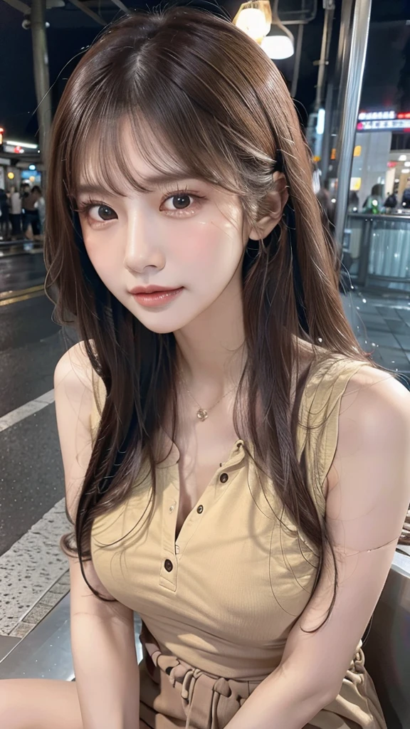 Realistic photos (1 cute Korean star) Reverse hair, light makeup, Middle breast size, Orange polo shirt, At the train station, Canon EOS Clear Facial Features, 16K, High resolution, Sharp and realistic details,  Exposure, interrupt, 超High resolution, High resolution, Highest quality