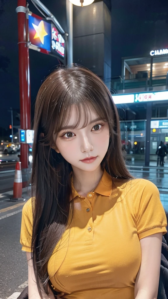 Realistic photos (1 cute Korean star) Reverse hair, light makeup, Middle breast size, Orange polo shirt, At the train station, Canon EOS Clear Facial Features, 16K, High resolution, Sharp and realistic details, Exposure, interrupt, 超High resolution, High resolution, Highest quality