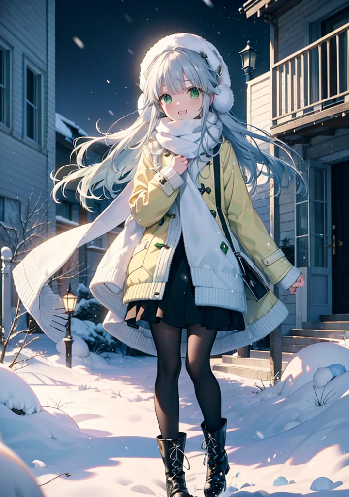 index, index, (Green Eyes:1.5), Silver Hair, Long Hair, (Flat Chest:1.2),happy smile, smile, Open your mouth,Knitted hat,Yellow long coat,White Tokkuri Sweater,Earmuffs,White scarf,Black long skirt,Black pantyhose,short boots,Walking,Snow is piled up,It&#39;s snowing,Snow Scene,Shirogane World,night,moonlight,Let the world enter your illustrations,
break looking at viewer, whole body,
break outdoors, Snow Country,Residential Street,
break (masterpiece:1.2), Highest quality, High resolution, unity 8k wallpaper, (figure:0.8), (Beautiful attention to detail:1.6), Highly detailed face, Perfect lighting, Highly detailed CG, (Perfect hands, Perfect Anatomy),