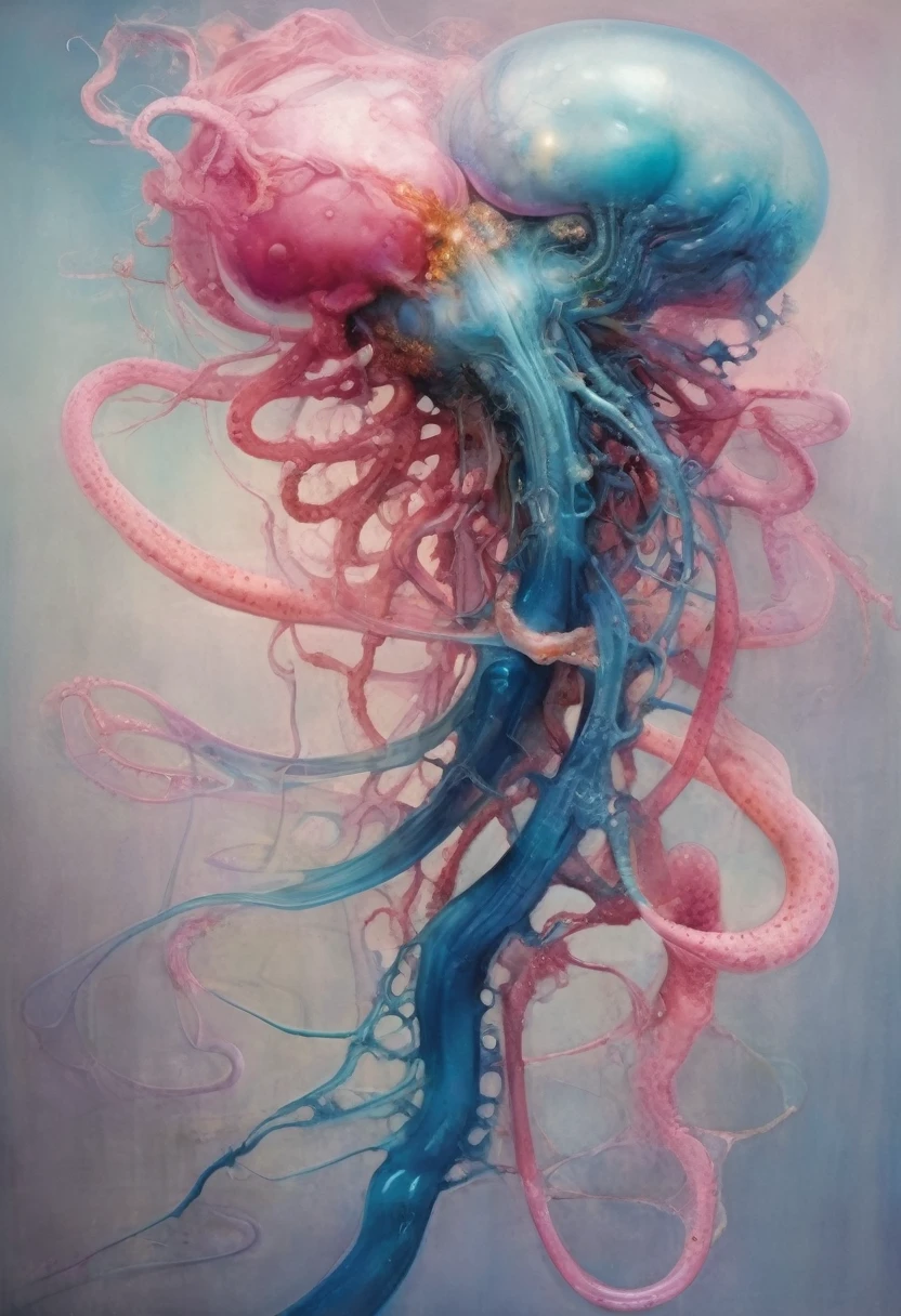 there is a painting of a jellyfish with a flower on it, inspired by Earnst Haeckel, flowing tendrils, alberto seveso and dan mccaw, inspired by Alberto Seveso, anatomical fractal, inspired by Hans Bellmer, visible nervous , nerve , nerves, inspired by Ernst Haeckel, blue an pink color