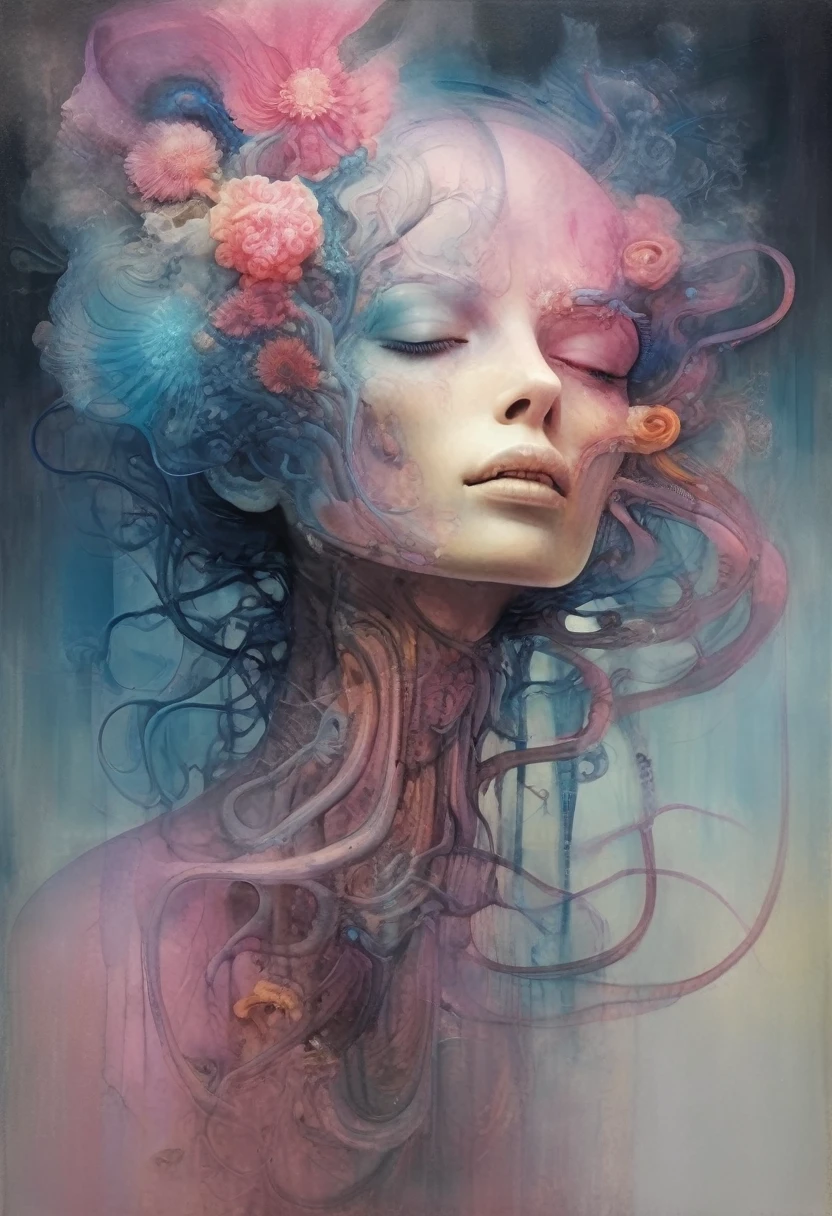 there is a painting of a jellyfish with a flower on it, inspired by Earnst Haeckel, flowing tendrils, alberto seveso and dan mccaw, inspired by Alberto Seveso, anatomical fractal, inspired by Hans Bellmer, visible nervous , nerve , nerves, inspired by Ernst Haeckel, blue an pink color