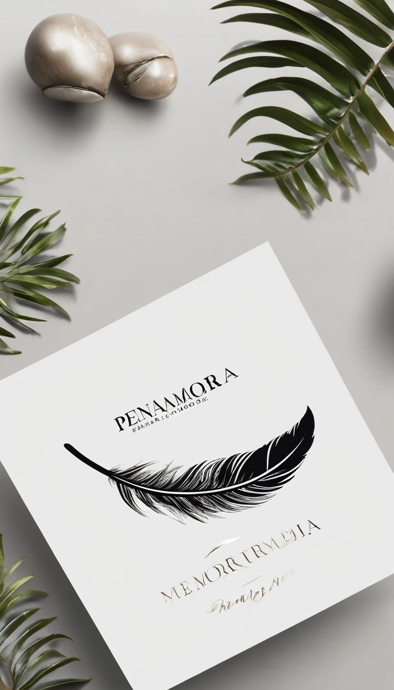 Create a minimal, modern, simple, inspirational, memorable, dream like logo design of a Feather Of Memories for the brand “Penamemoria".