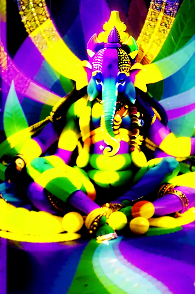Create a stunning and vibrant illustration of Lord Ganesh. Capture his divine essence with intricate details and use a rich palette of colors to bring out the beauty of his form. Include his traditional attributes: the elephant head, the large ears, the curved trunk, and the multiple arms holding symbolic items like a modak, lotus, axe, and rope. Surround him with an aura of bright, radiant colors that evoke a sense of peace, prosperity, and spiritual bliss. The background should be filled with intricate patterns and elements inspired by Indian art, adding depth and grandeur to the image.

16:9





