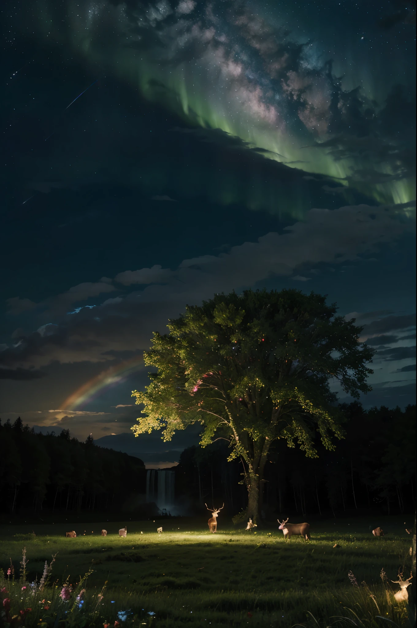 masterpiece, best quality, high quality, cg, 8k, scenery, night, sky, clouds, no man ,lush forest, beautiful waterfall, rainbow, fantasy image, firefly, moonlight, aurora, tree, apple herd, moose, albino deer, white rabbit,