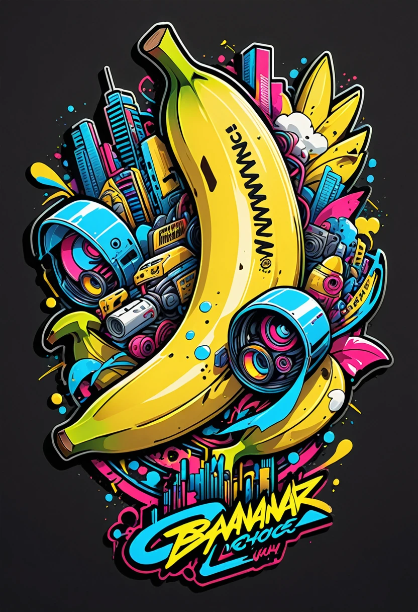 Create a sticker illustration of a banana inspired by the video game Cyberpunk 2077 with a 2D graffiti effect. The sticker should have no background, with only the banana shape and a prominent white outline around the edges. All design elements must be contained within the shape of the banana, and none should extend beyond its edges. The peel of the banana should not be yellow but instead be replaced by the following Cyberpunk 2077 elements, all depicted in a graffiti style:
- A deep matte black base for the peel, symbolizing the dark streets of Night City.
- Blue neon circuit lines running across the banana’s surface, resembling cybernetic implants, with a spray-paint texture.
- The "Samurai" logo near the tip of the banana, designed in a graffiti font and style.
- Stickers of in-game brands like Arasaka and Militech, and gang symbols like "The Moxes", all depicted with a street art aesthetic.
- Modernized tribal tattoo motifs and hacking icons in red and green neon, rendered with a graffiti effect.
- Sections with light effects mimicking the neon lights of Night City, with a pulsating spray-paint effect around the circuits.
- A small, metallic chrome-plated label near the base with the inscription "Cyber Choice" in a graffiti font.
Ensure the design is vibrant, edgy, and high-tech, with the stylized interior capturing the futuristic and dystopian ambiance of Cyberpunk 2077, all within the iconic shape of a banana. All elements must be contained within the banana and not extend beyond its edges.
