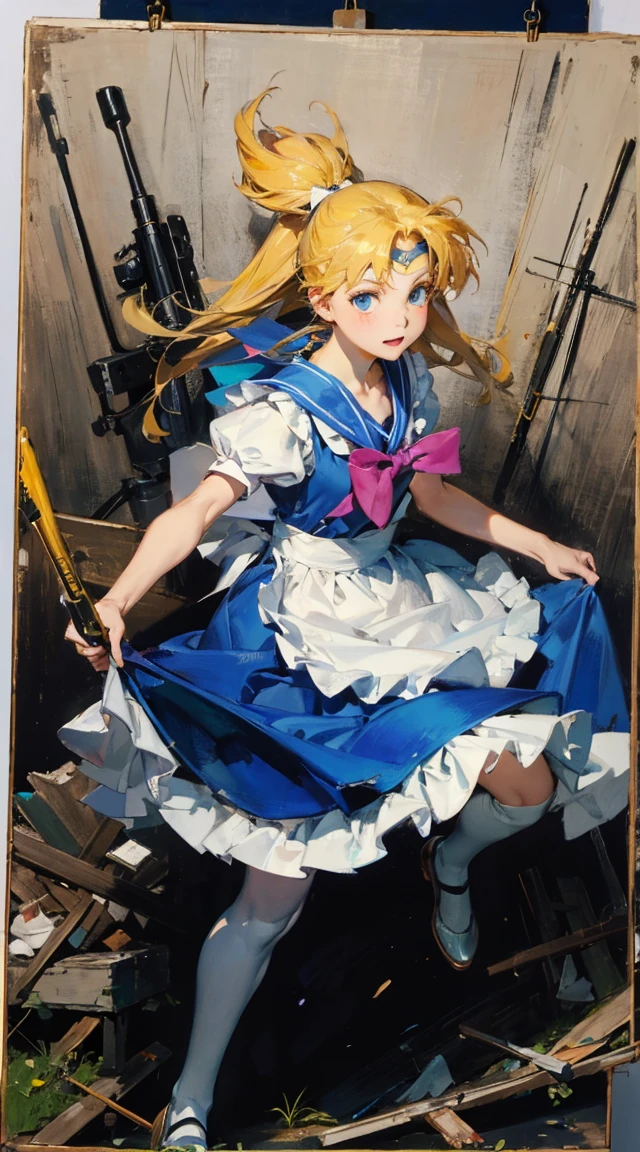 8k,Realistic Skin Texture、Superrealism、Realistic Photo、A futuristic Japanese female soldier stands amongst rubble、Damaged moss green metal armor、Skull mark painted on armor、Painting of the unit and identification number、Peeling paint、Oil stains、Energy Rifle、fighting spirit、Detailed Description、Dynamic pose
Realistic portrait of the protagonist of the anime Sailor Moon (Super detailed,ultra high resolution,detailed background),((2D)),((flat color)),((colorful)),((floating colorful water)),1 girl,alone,looking at the viewer,break masterpiece, Highest quality, Portraiture, One Girl, (Alice in Wonderland:1.2), Blue clothes, White apron, Blonde, blue eyes, Usagi, Trump, Tea cup, White lace thigh high socks, Miniskirt lift, Dynamic pose,Electro Swing