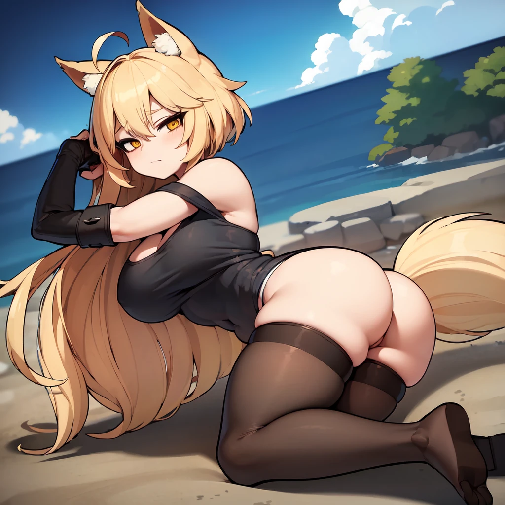 ((Best quality, masterpiece, solo)), (anime style, 1 fox kemonomimi, ahoge, short blonde hair, 20 years, tall perfect body), long fox ears, long fox tail, ((off shoulder black jacket, white tank top, black dolphin shorts, thong straps, white thigh highs)), yellow eyes, (colossal breasts, thick thighs, wide hips, thick ass, plump ass, sexual), perfect anotomy, super sexy, hourglass figure, outside, looking at viewer