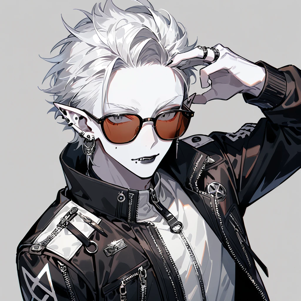 1boy, male focus, solo, white hair, colored skin, white skin, jewelry, pointy ears, ring, earrings, jacket, upper body, looking at viewer, tinted eyewear, grey eyes, sunglasses, piercing, zipper, glasses, ear piercing, simple background, ((medium quality)), ((medium quality))