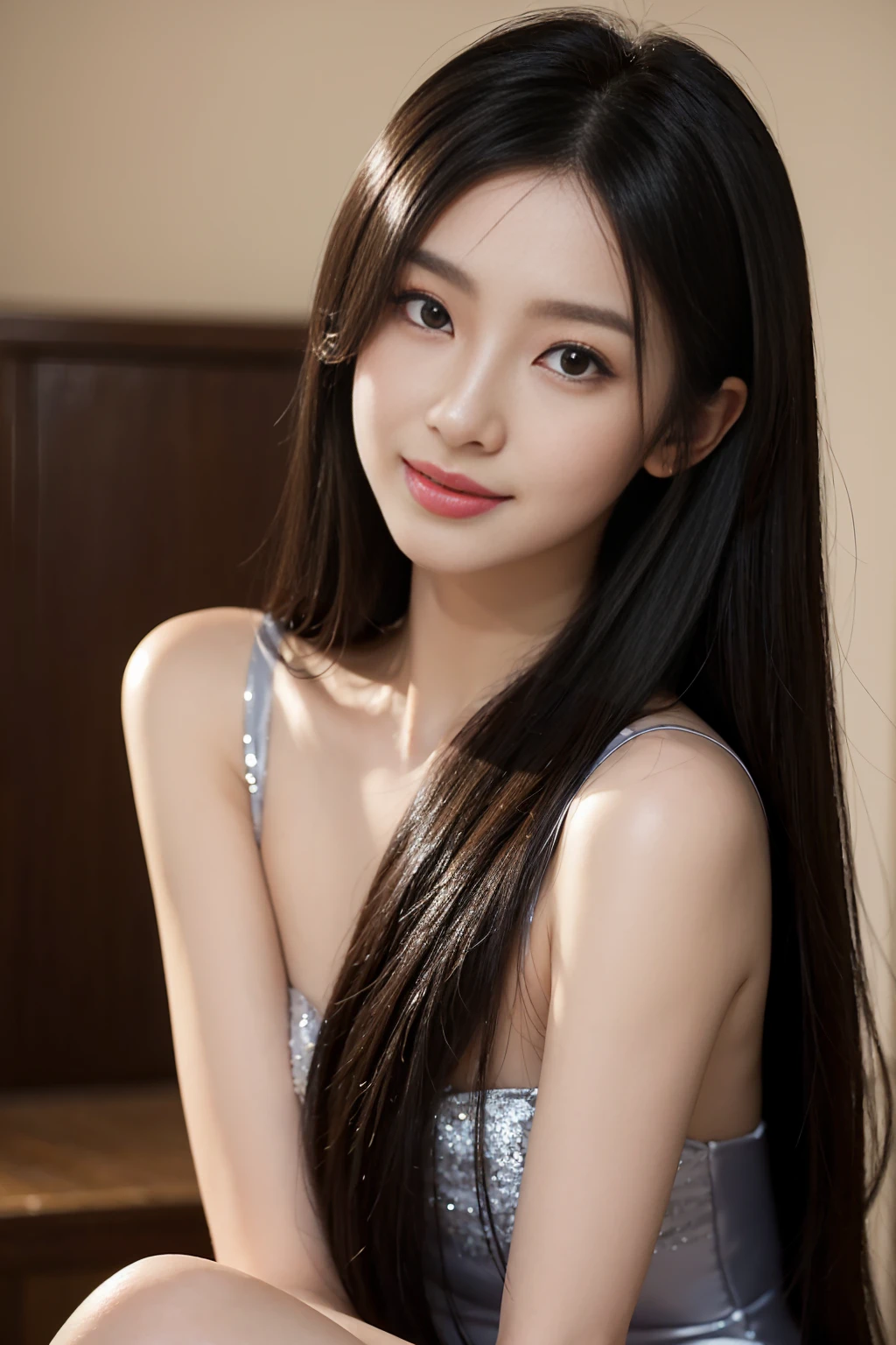 Create a close-up image of a beautiful Japanese woman with a seductive smile.。She is wearing a tight and elegant dress。Long hair、Flowing, shiny black hair。The background is softly blurred for a sophisticated look.、The warm lighting highlights her features.。The makeup is perfect、Particular emphasis is placed on the eyes and lips to bring out her charm.。Confident、She has a slightly mysterious look、Exudes elegance and charm。