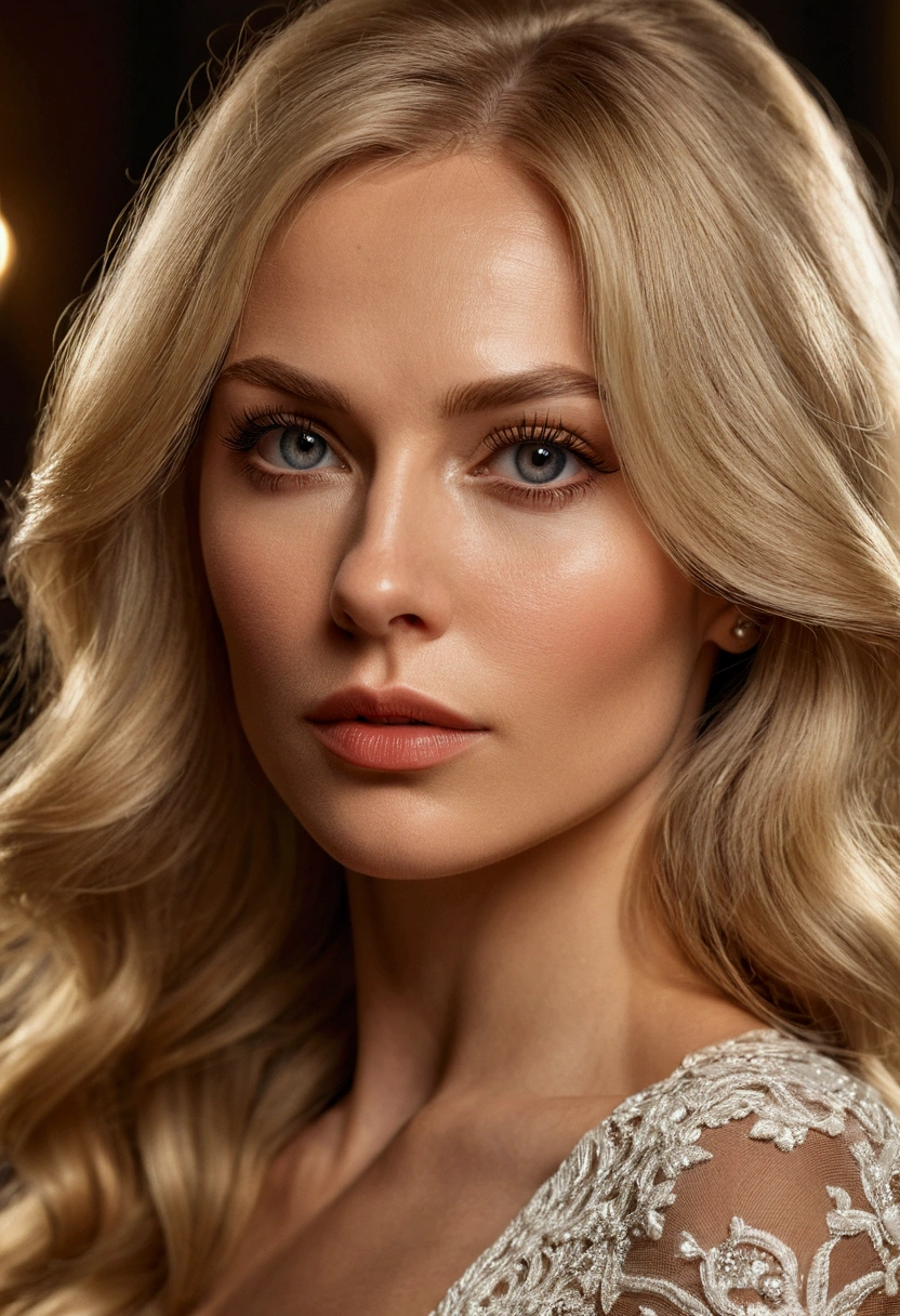 37 year old beautiful Russian blonde model, detailed face, long beautiful hair, close-up, beautiful detailed eyes, beautiful detailed lips, extremely detailed face, long eyelashes, elegant pose, cinematic lighting, warm tones, high detail, 8k, photorealism, masterpiece