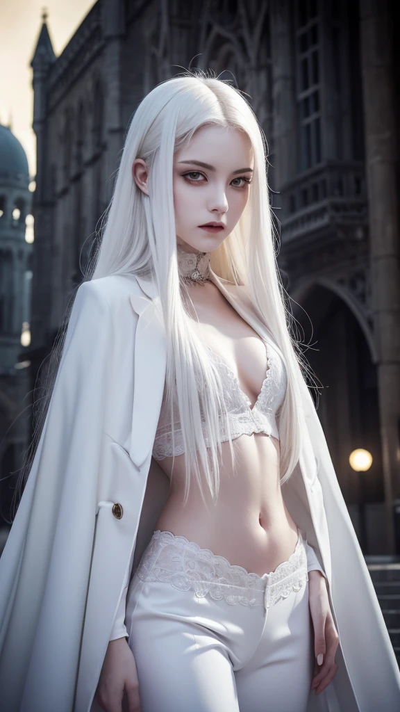 masterpiece, Highest quality, (alone focus), (Perfect Face:1.1), (High detail:1.1),dramatic, 1 person, (Pale skin), Long white hair, White eyes, alone, Long Hair, moon, night, White luxury suit, vampire, Covered navel, Pouting, Covered, Victorian cities, Detailed Background, Gothic Renaissance, Cinema Lighting,