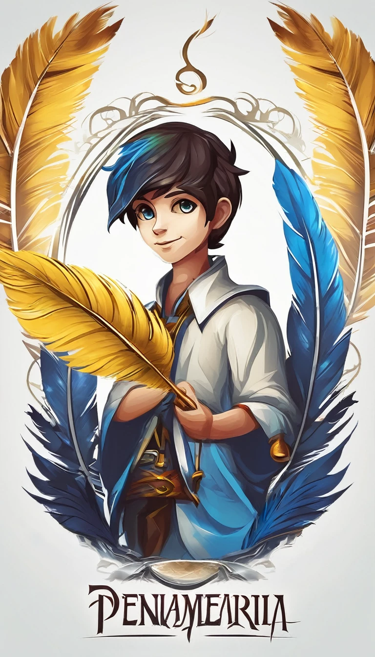 Create a minimalistic, simple, fantastic, easy to understand, logo design of a boy and a feather for an upcoming Fantasy Role Playing Game called " Penamemoria". The game is about a world full of bird and feathers. A boy enters that world and discovers his true artistic identity. Create a logo design that transmits the essence of this videogame. It´s a fantasy game, with fantasy elements. Create the logo in the center and a fantasy theme as background. Use the colours blue, white, yellow in the logo. The logo design must convey a sense of fantasy, dreams and music. Must convey a feeling of being a true Dreamer