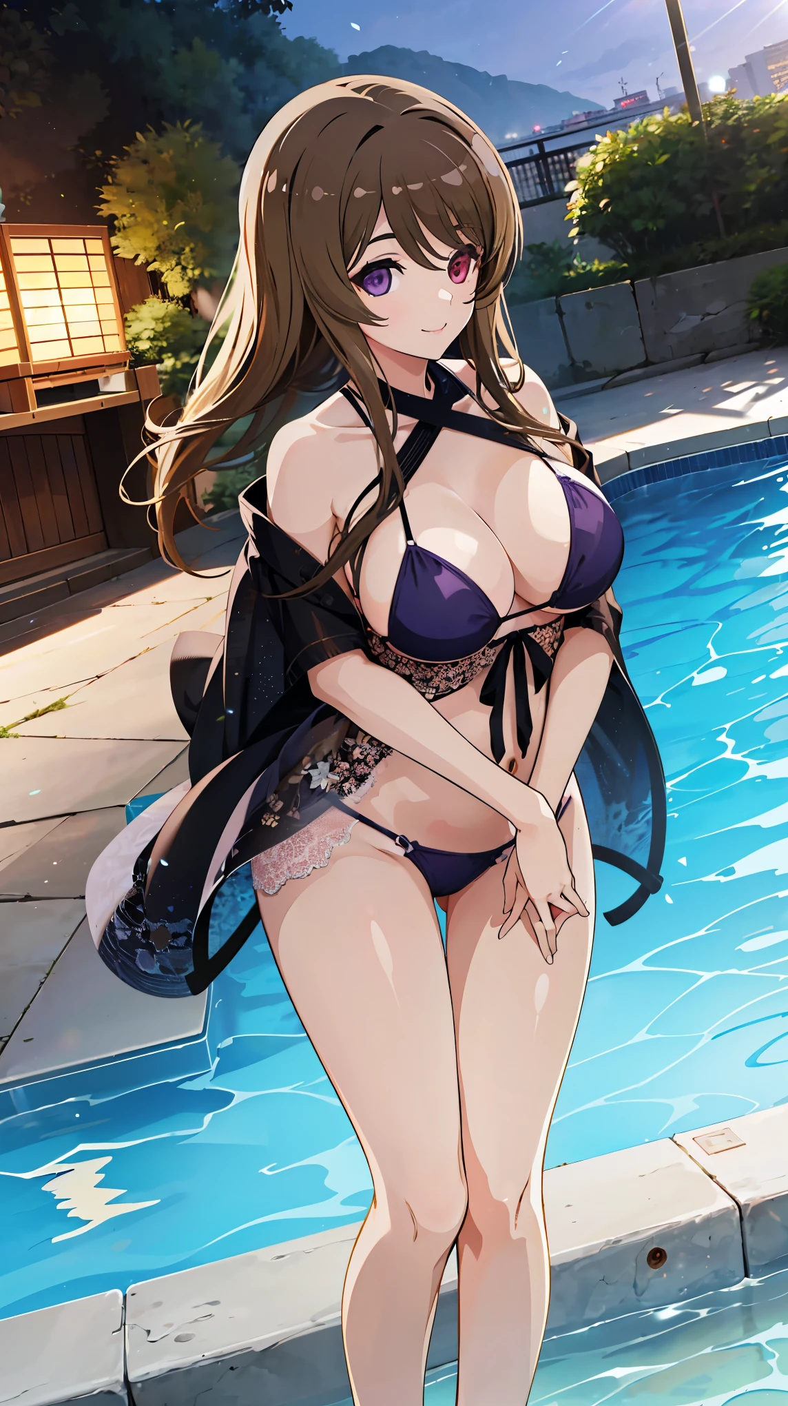 High resolution,masterpiece, Highest quality, Kuo Shenlin , heterochromia , Brown hair, smiling , (((busty))), 1girl, sensual body, Her cheeks flushed, Gravure photography , sexy model, kimono, front open dress , sexy bikini model, purple bikini , micro bikini , pool, city