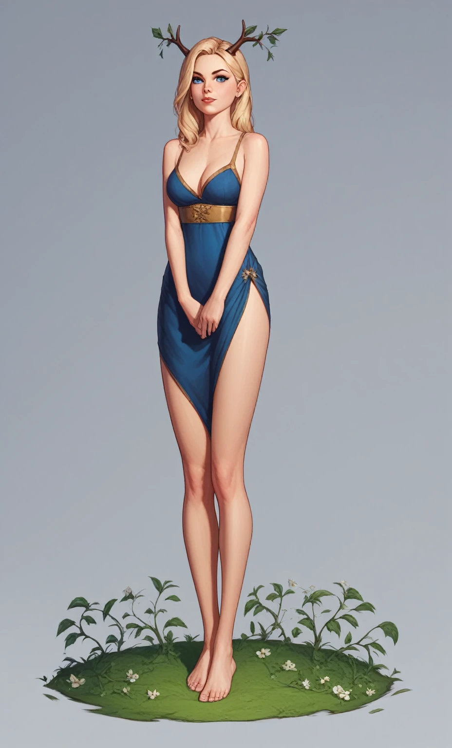 check_9, check_8_up, check_7_up, check_6_up, check_5_up, check_4_up, SorakaLoLXL, masterpiece, Best quality, A high resolution, bbandro, Yellow medieval summer girl, concept, the vines on the hand and the horns from the vine look at the viewer, full length, standing on my feet, legs wrapped in roots, dressed, blonde, Blue eyes