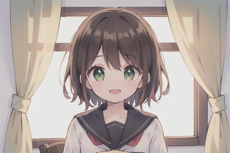 (masterpiece), Best quality, beautiful detailed hair and detailed face, Ultra high resolution, sharp focus, ((ung woman, One)), (warm pastel color), high saturation, perfect feminine face, upper body, medium close up, Dutch corner, (in the morning:1.5), At school, ((Beautiful eye shape, green eyes)), chestnut brown har, short hair, smiles, (school uniform:1.2)
