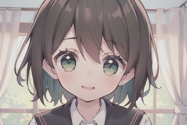 (masterpiece), Best quality, beautiful detailed hair and detailed face, Ultra high resolution, sharp focus, ((1 young woman, One)), (warm pastel color), high saturation, perfect feminine face, upper body, medium close up, Dutch corner, (in the morning:1.5), At school, ((Beautiful eye shape, green eyes)), chestnut brown har, short hair, smiles, (school uniform:1.2)