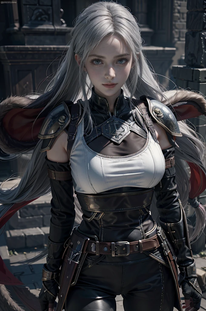 Game Art,Best picture quality,Maximum resolution,8K,(A bust photo),(portrait),(Head close-up),(Rule of Thirds),Unreal Engine 5 rendering works, (Future Girl),(Female Warrior), white hair.
20-year-old girl,((hunter)),Eyes full of details,(Large Breasts),Elegant and noble,indifferent,brave,
(Medieval style fur combat uniform,glowing magic lines,Detailed animal leather female knight,medieval knight,
Photo poses,Simple background,light,Ray tracing,Game CG,((3D Unreal Engine)),oc rendering reflection pattern