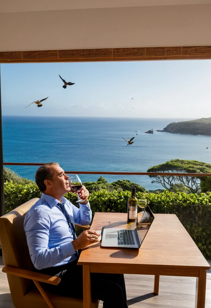 Claro, Here is the optimized version in Portuguese:
Imaginem um advogado em home office jogando xadrez sozinho em uma mesa simples, while holding a glass of wine. The view of the sea and the relaxing sounds of the waves and birds chirping create a perfect environment for reflection. The lawyer is committed to honing their strategic skills and their critical thinking power to make assertive decisions. Junte-se a ele nessa busca pelo conhecimento e sucesso.