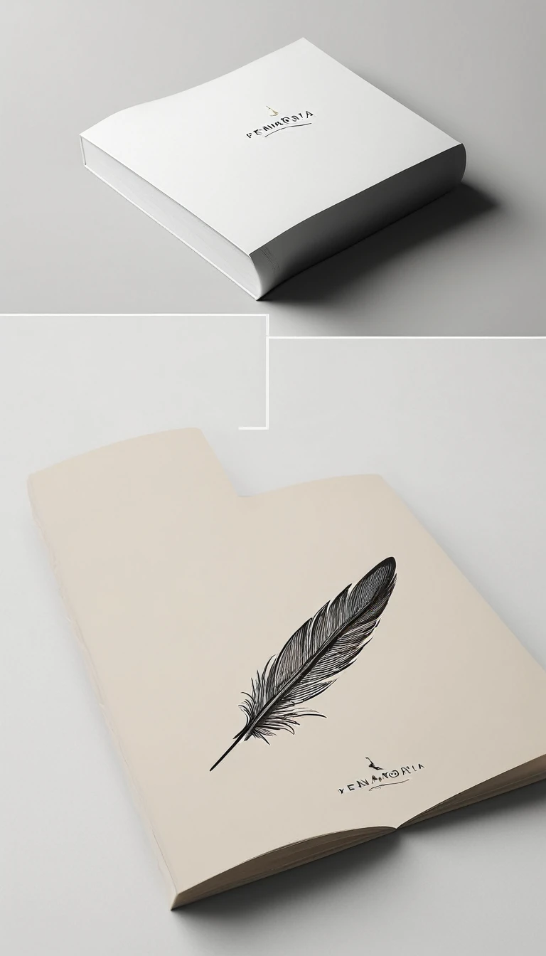 A minimal, modern, simple, cinematic logotype for the brand “Penamemoria". The logotype must be a simple, magical feather with memories of a bird . The logo must convey a sense of music, stories and dreams. Logo design impressed on a book cover. Minimalistic logo