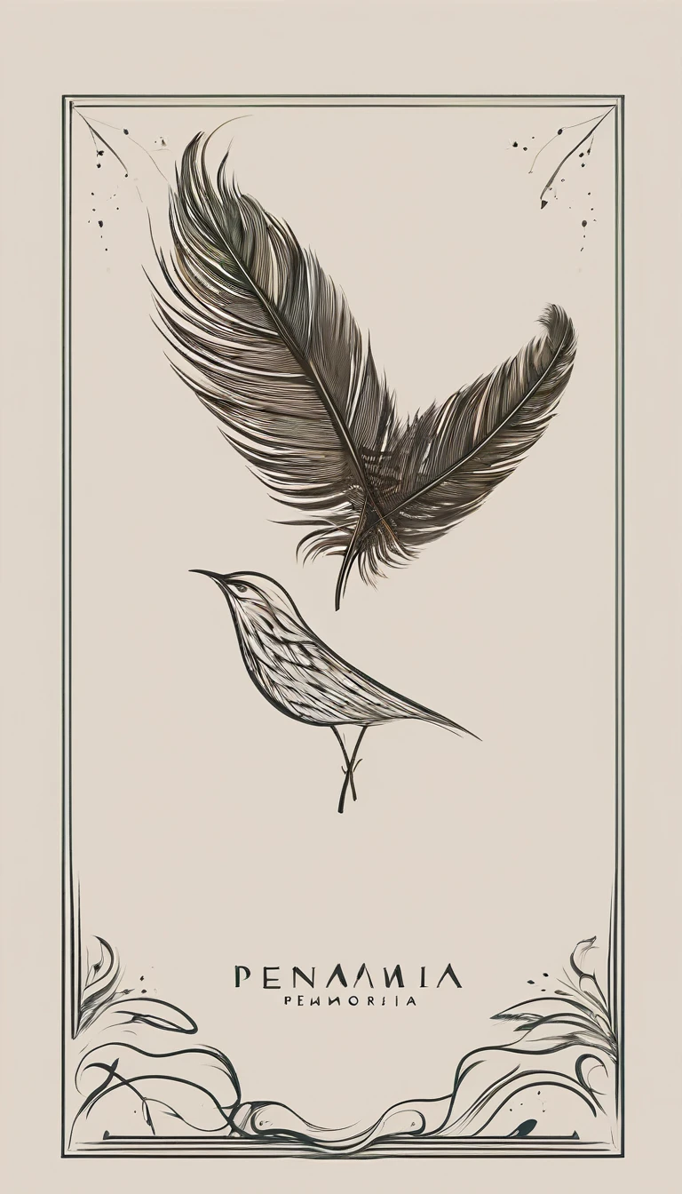 A minimal, modern, simple, cinematic logotype for the brand “Penamemoria". The logotype must be a simple, magical feather with memories of a bird . The logo must convey a sense of music, stories and dreams. Logo design impressed on a book cover. Minimalistic logo
