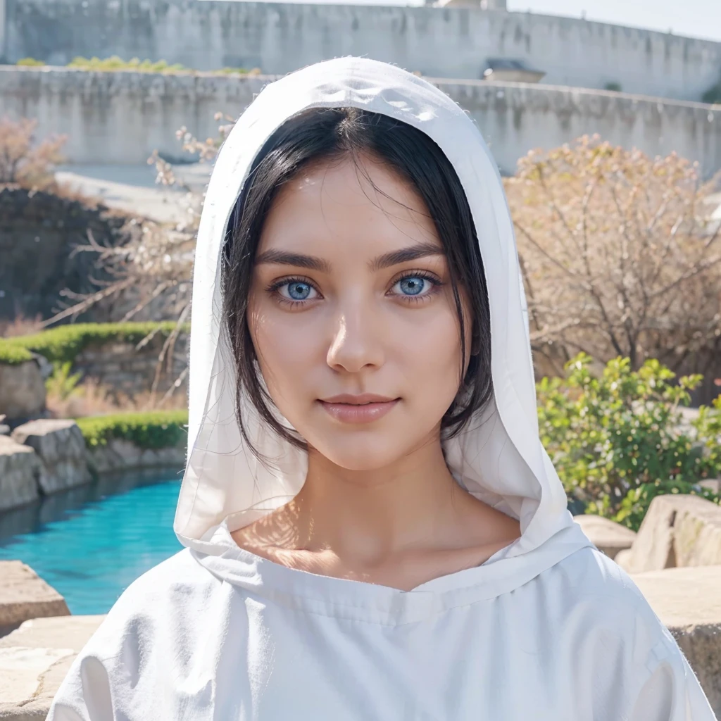 Beautiful woman with light blue eyes, black hair, serene face with a slight smile, wears a white cloak, wears a gray tunic with wide, long sleeves adjusted at the waist by a white sash.