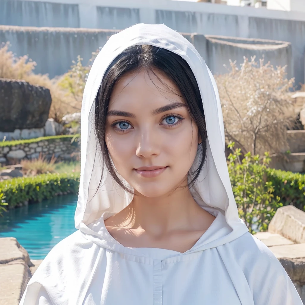 Beautiful woman with light blue eyes, black hair, serene face with a slight smile, wears a white cloak, wears a gray tunic with wide, long sleeves adjusted at the waist by a white sash.