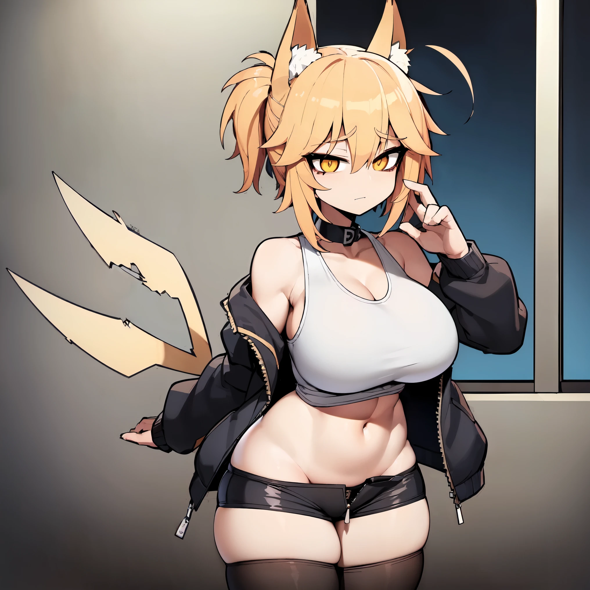 (Best quality, anime style, 1foxgirl, ahoge, short blonde hair, 20 years, tall perfect body), long fox ears, long fox tail, ((sexy unzipped black jacket revealing a sexy white tank top, sexy black lounge shorts, sexy white thigh highs)), yellow eyes, (colossal breasts, thick thighs, wide hips, thick ass, plump ass, sexual), perfect anotomy, super sexy, hourglass figure,