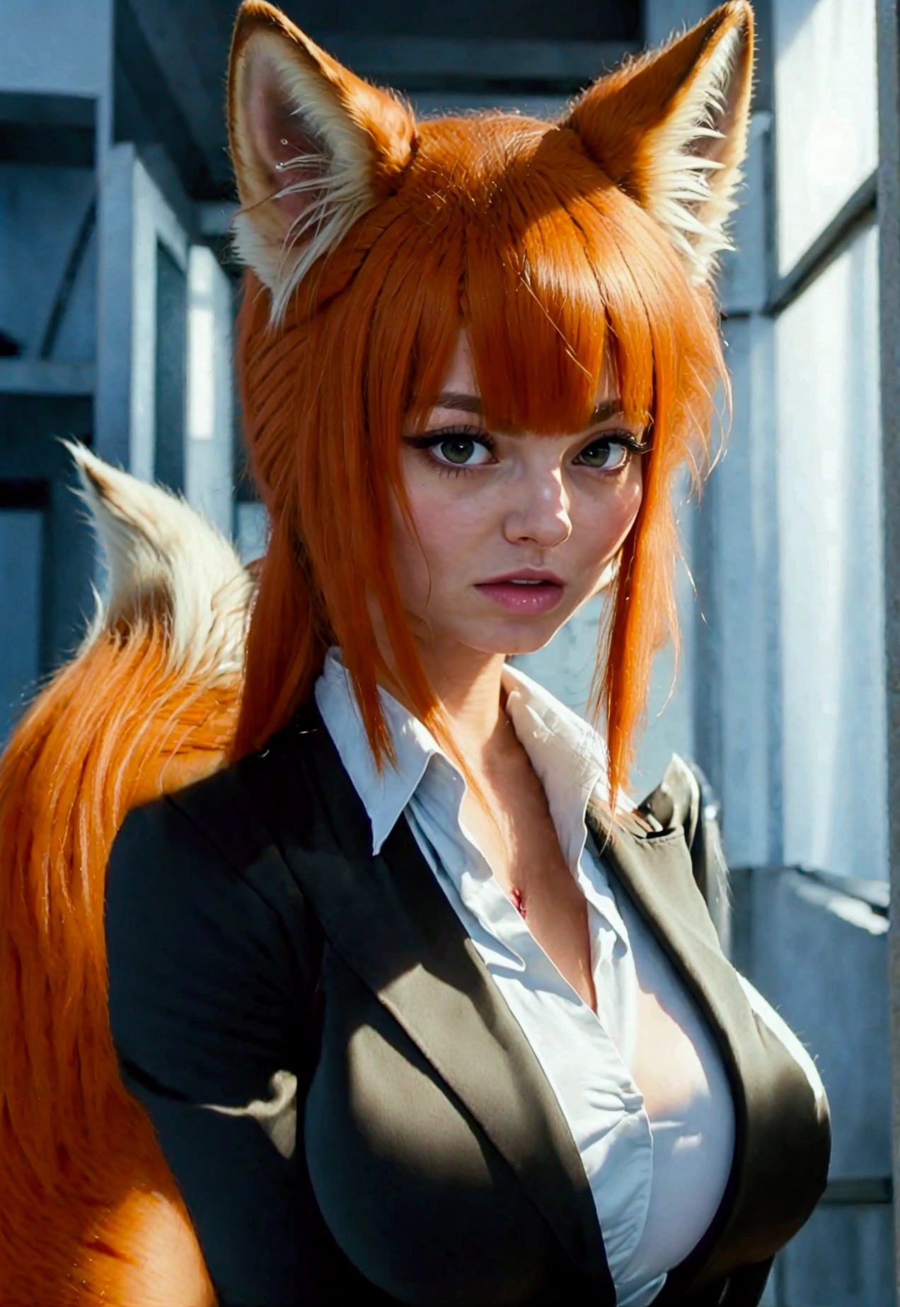 ((highest quality)), ((masterpiece)), (Get used to it), public, Perfect Face, Fox Girl, Beautiful woman, It has a fluffy tail., She has a fox&#39;s tail, She wags her tail, Troubled face, Collars and Leads, She is wearing a business suit, Beautiful Hips, Big tail,  spreading herself open to a new guy to penatrate 