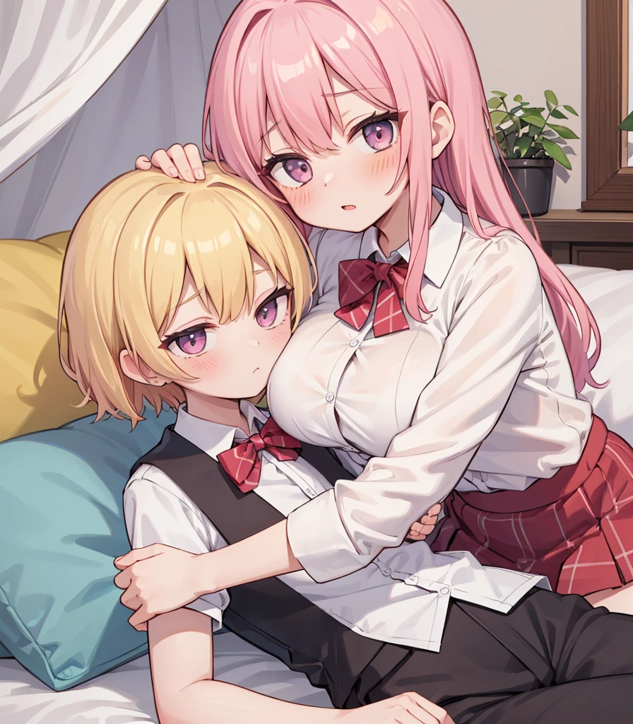 masterpiece, Highest quality, so beautiful, absurdists,High resolution,One girl, One boy,Cuddling in bed, like,sexly,Look at each one, blush,Age difference,bow tie,blondes,chest,Long Hair,Pink Hair,Tucked in shirt,short hair,skirt,Tent shirt,Slut,Big breasted sister and brother,Siblings, trousers,Pushing her big tits against her brother,(My brother's erect penis),((((姉のvery huge breasts,Sister crushes her big tits in her brother's face)))),(((((Very huge breasts))))),(((((small penis,NSFW,Soft Very HUGE breasts))))),((Bursting Breasts,Huge breasts hiding her brother's face)),((((((((Huge Breasts, Large Breasts, Very Large Breasts, Very Large Breasts, Very Large Breasts, Very Large Breasts, Very Large Breasts, Very Large Breasts, Very Large Breasts, Very Large Breasts, Very Large Breasts, Very Large Breasts, Burying Face in Breasts)))))))),Two people gazing at each other,puffy breasts,((Face crushed by tits, huge breasts on brother's body, mouth covered by tits, breasts covering face)),((huge breasts)),soft massive breasts