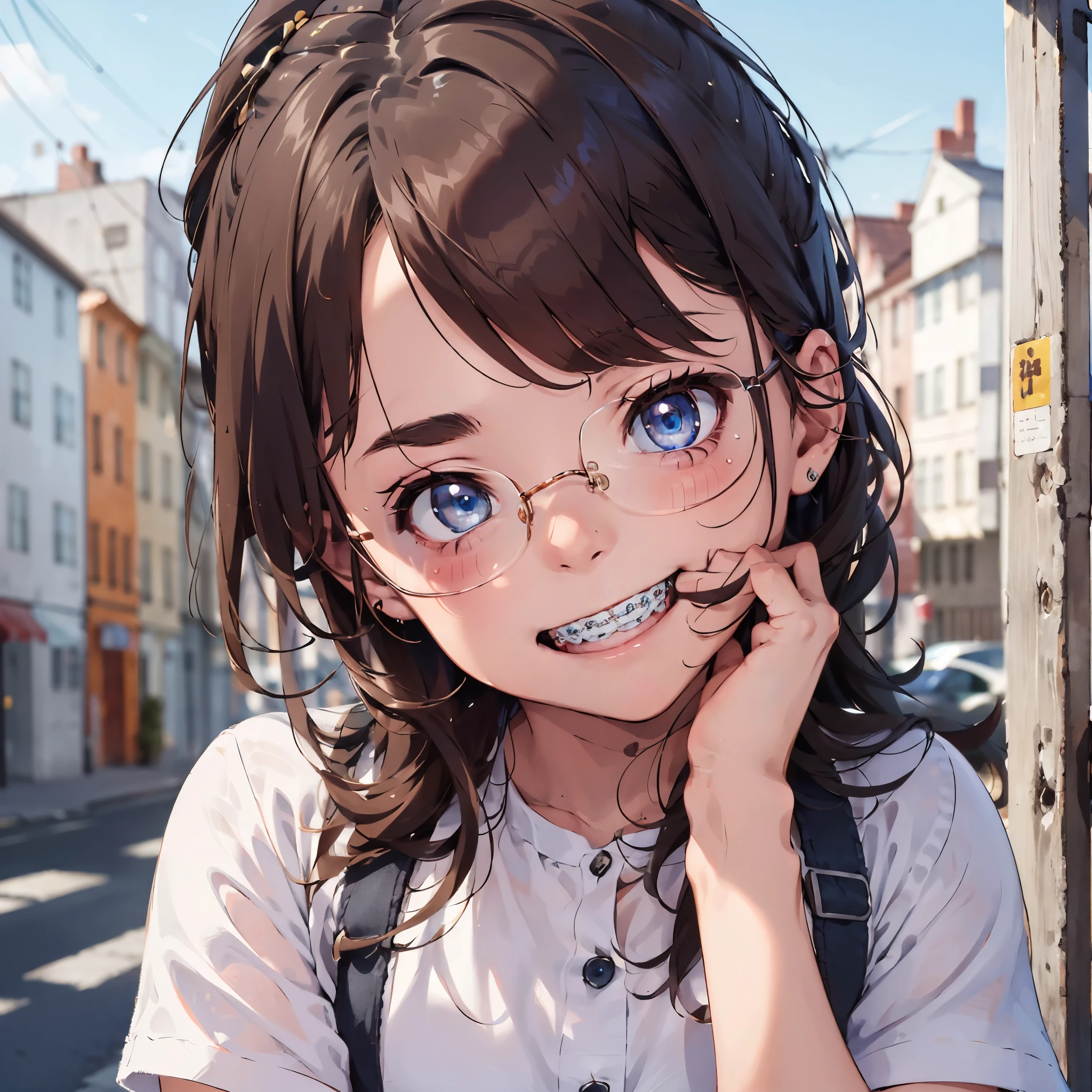 1girl, seductive eyes, braces, glasses, smiling, cute, face focus, blue eyes, blush, brown hair, best quality, masterpiece, highres