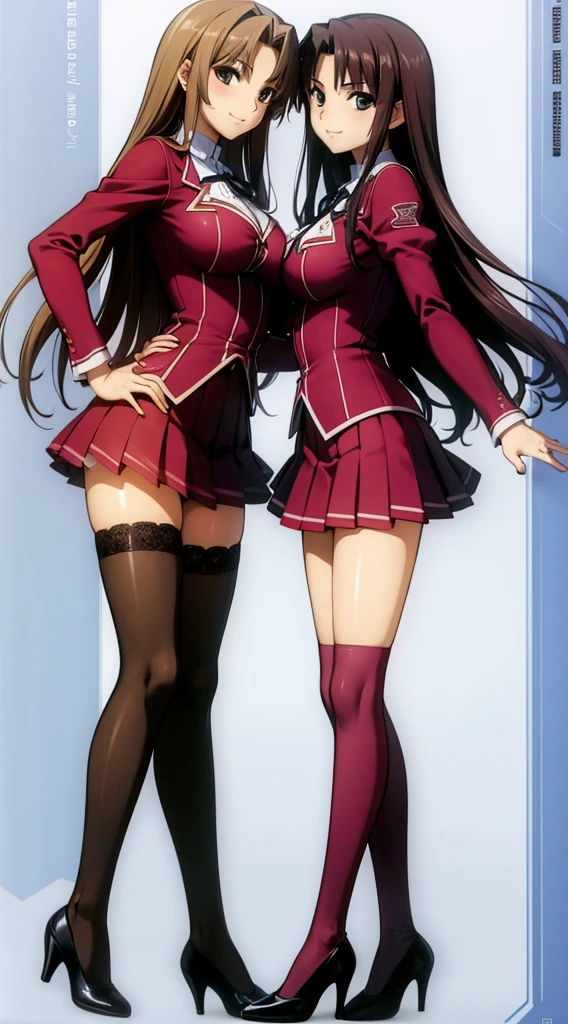 Masterpiece, high quality, 2girls, duo, identical twins, identical sisters, brown hair, curly hair, matching hairstyles, hazel eyes, medium sized bust, (school uniform, sexy school uniform, blazer, lace section, ribbon, rainbow short skirt, white thigh-high socks, black high heels, matching outfits), smile, flat_colour, full body, seductive pose, Duo pose: From the side angle, people&#39;s body curves are beautiful.
hugged from the side