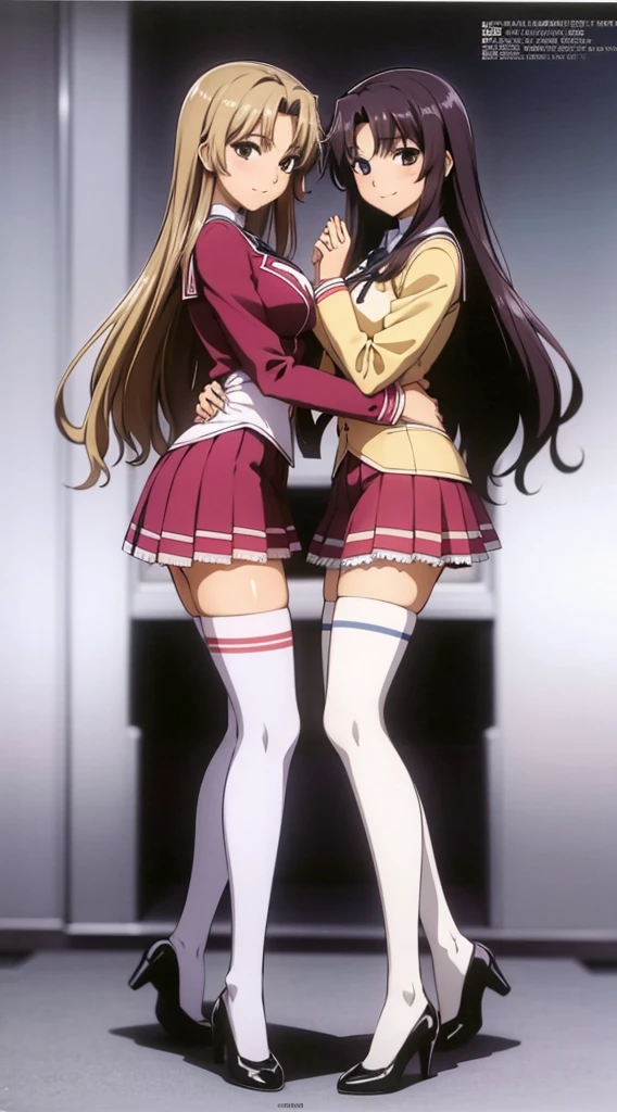 Masterpiece, high quality, 2girls, duo, identical twins, identical sisters, brown hair, curly hair, matching hairstyles, hazel eyes, medium sized bust, (school uniform, sexy school uniform, blazer, lace section, ribbon, rainbow short skirt, white thigh-high socks, black high heels, matching outfits), smile, flat_colour, full body, seductive pose, Duo pose: From the side angle, people's body curves are beautiful.
hugged from the side