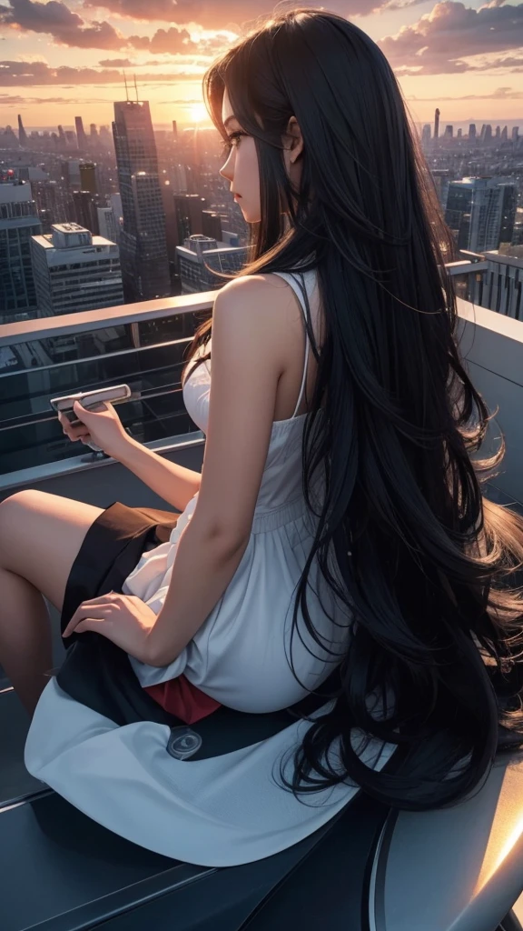 “A high-resolution, dynamic landscape scene from a bird’s-eye view, featuring a long-haired black-haired beauty sitting on the rooftop of a skyscraper, looking down. Her hair floats in the wind, and she is seen from behind. The scene captures a cityscape with tall buildings, under a vast sky with clouds and a sunset. The image should have detailed, movie-like lighting and colors.”