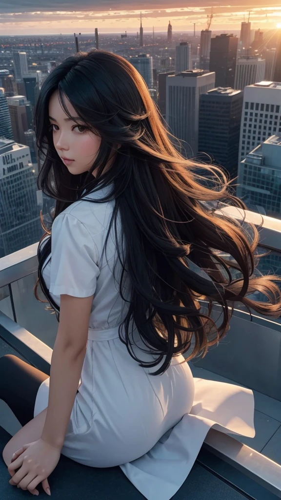 “A high-resolution, dynamic landscape scene from a bird’s-eye view, featuring a long-haired black-haired beauty sitting on the rooftop of a skyscraper, looking down. Her hair floats in the wind, and she is seen from behind. The scene captures a cityscape with tall buildings, under a vast sky with clouds and a sunset. The image should have detailed, movie-like lighting and colors.”