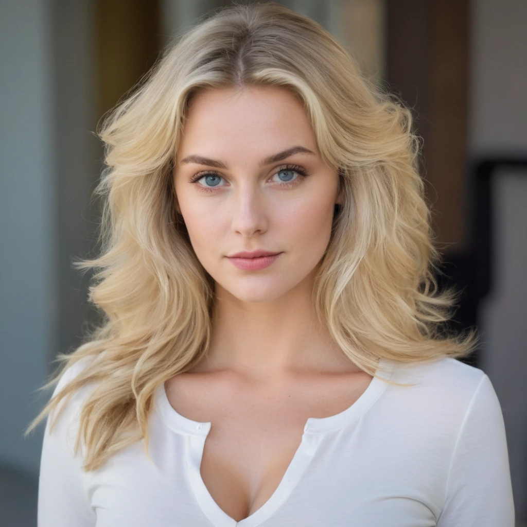 1 fille blonde en tenue, gros seins, beau visage cheveux long, regarde le spectateur