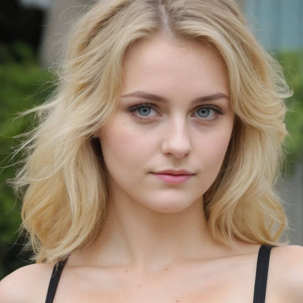 1 fille blonde en  tenue, gros seins, beau visage cheveux long, regarde le spectateur