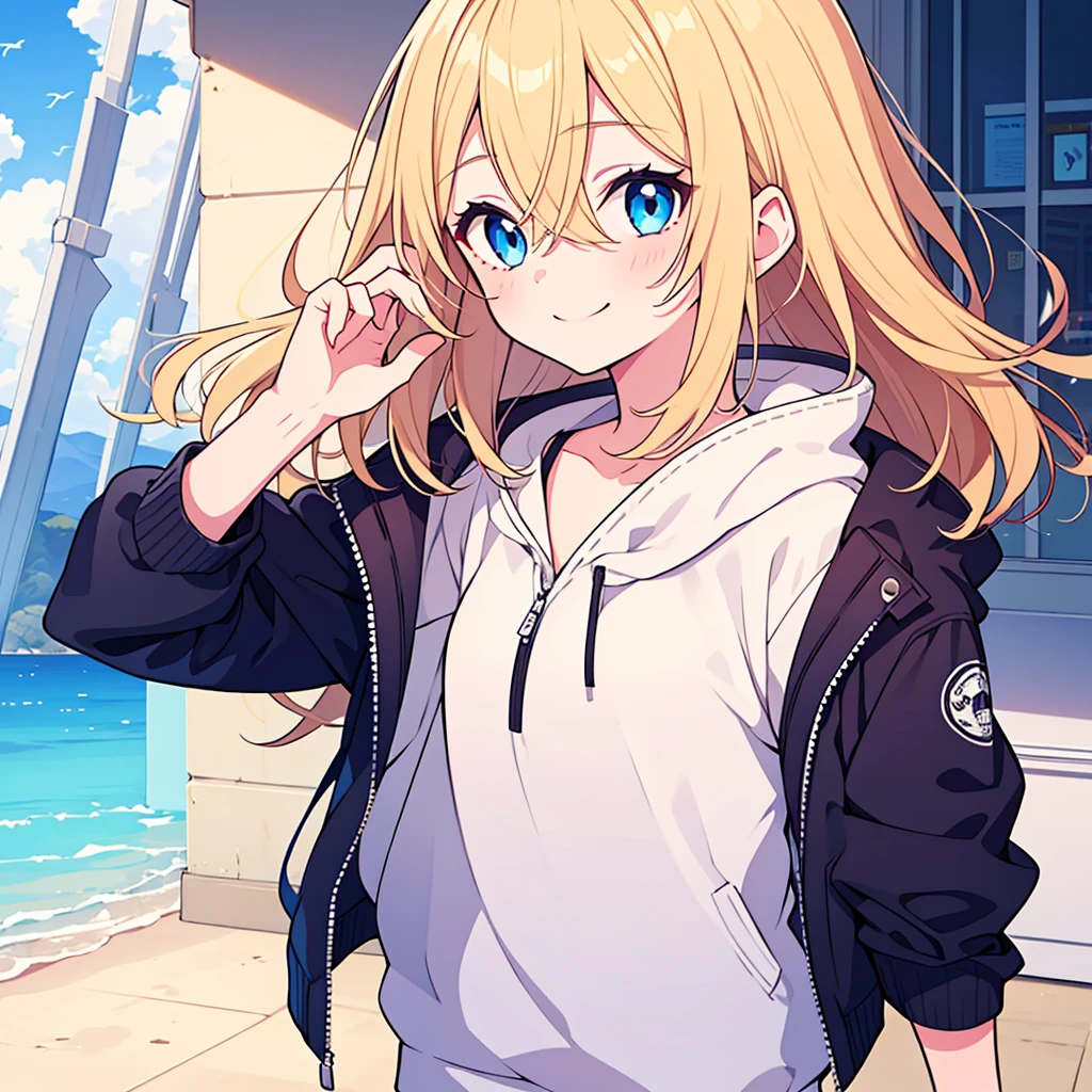 Ya Ott, 1 Girl, Solitary, Christa Lenz, Smile, Hair between the eyes, blue eyes, Blonde hair, jacket, Medium Length Hair,