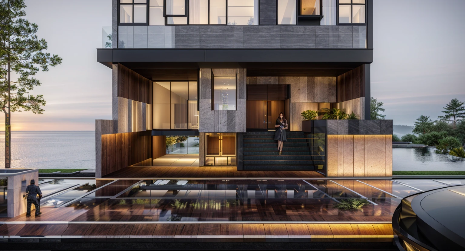villa modern,night, Realistic, exterior, sunlight, house, RAW photo, 8k uhd, dslr,  (high detailed skin:1.3), soft lighting, ultra quality, film grain, Fujifilm XT3, sharp image, best quality, authentic, hight quality,