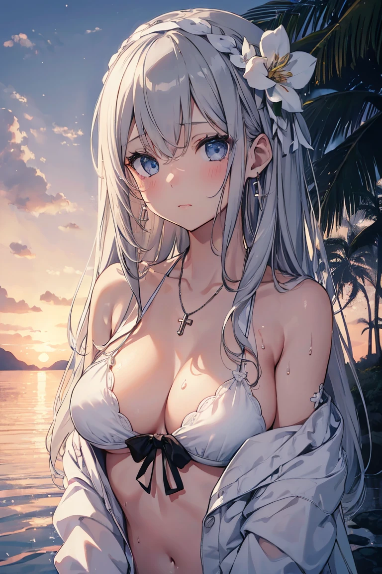 ((girl kawaii)), a extremely delicate and beautiful girl, beautifully painted, cute, sense of digital, best detailed girl, lying on the lake, wet, girl, young, long hair blown up, Hair with flower, (grey hair), cute face, embarrassed, complex details beautiful and delicate eyes, closed mouth, (large breasts), thighs, pale blue eyes, white skin, hairband, earrings, cross necklace, Bracelet, (white bikini), cardigan, white Clothes, (beach), (dusk sky), back lighting, (((wallpaper 8k CG))), ((absurdres)), masterpiece,