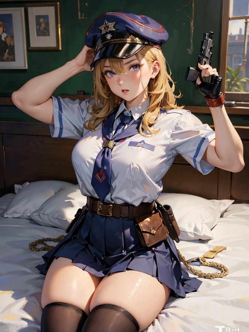 1girl, SamuraiC, action pose, japanese armor, helmet, east asian architecture, best quality, masterpiece, highres　sexy,alone,girl,(wavy hair,blonde hair),(Thigh meat),
(school uniform:1.2),baggy socks,
Lie,
on the bed,  , photorealistic, 8k、Realistic Skin Texture、Superrealism、Automatic rifle、Dodgers cap  masterpiece, best quality, highres 
solo, 1girl, cowboy shot, :o
p38 \(girls' frontline\), p38original, brown hair, purple eyes, (garrison cap:1.2), military uniform, short sleeves, pleated skirt, belt pouch, iron cross medal, thighhighs, holding gun, handgun, walther　　art by (Carl Larsson:1.2),(post-Impressionist),,((oil painting)),soft lighting,COOL,cammy sf6, 1girl,solo,blonde hair, short hair,Absurd resolution, A high resolution, (tmasterpiece:1.4), ((gigantic braests)), ultra - detailed, 1girll, brown color eyes, cabelos preto e longos，Wear a police uniform and a short skirt, the city street,sexyposture, The camera is close to the body