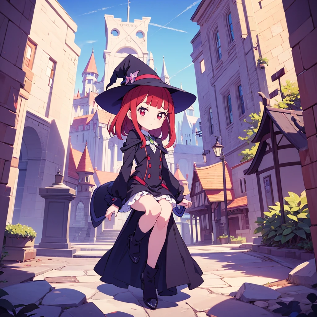 Anime drawing by Honoohito, Pixiv, What it is?, witch academia, Black-haired wizard, flirty anime witch casting magic, witch girl, witch, witchy, Anime Moe Art Style, classical witch, Anime girl in a black dress Please be a grown-up、 Please show me your gloomy face. Red Hair、 Chibi Chara