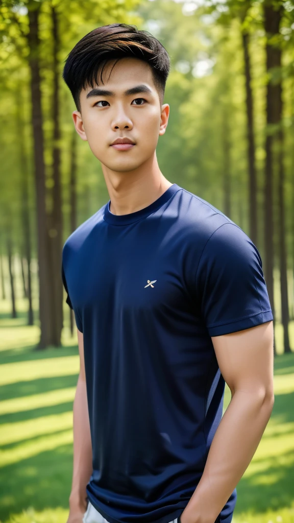 Best quality, offical wallpaper, 1boy, A sunny morning,grassy fields,ln the forest,Wearing navy t shirt, Realistic, Photorealistic, (EOS R8,50 millimeters,F1.2,8K,RAW photo:1.2), bokeh () Face left