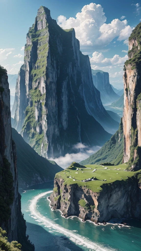 ({{High resolution,}},masterpiece,Super detailed,Highest quality,8K)cloud, null, scenery, Day, green_null, Mountain, cloudy_null, Outdoor, waterfall, Fantasy, horizon, cliff, rock, water, landscape, Mountainous_horizon, Ocean, wood, river, floating_island