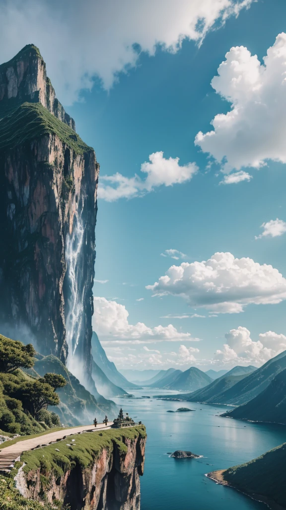 ({{High resolution,}},masterpiece,Super detailed,Highest quality,8K)cloud, null, scenery, Day, green_null, Mountain, cloudy_null, Outdoor, waterfall, Fantasy, horizon, cliff, rock, water, landscape, Mountainous_horizon, Ocean, wood, river, floating_island