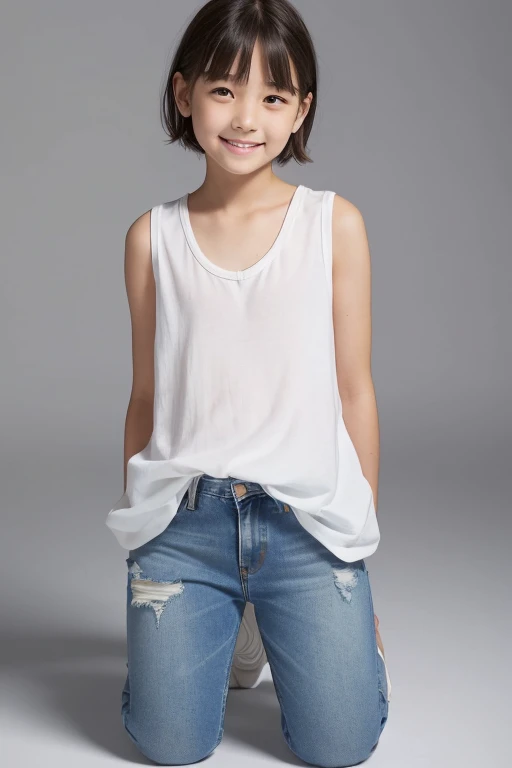 ((Full-body front view from below)), (slouch), (Hands on knees),(White Sleeveless Dress Shirt), (Damaged denim hot pants), ( Japanese girl), (Thighs), (Face looking back),(Short Bob Hair),(Round face), (Thoughtful smile)