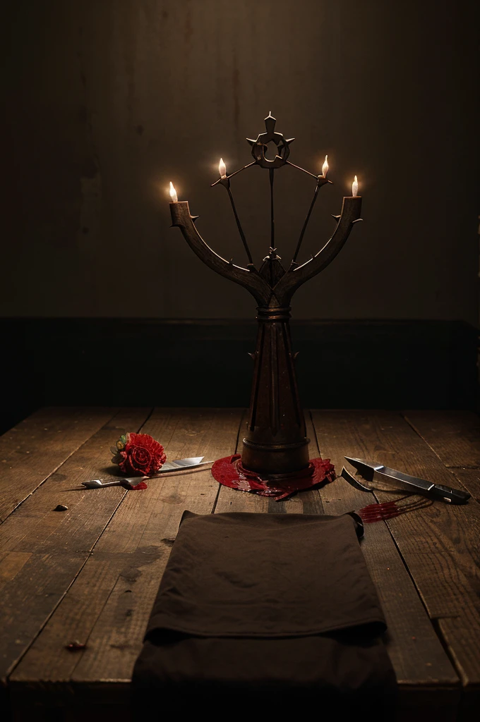 Create a picture There's The holy crown of thorns on the table, The knife is covered in blood