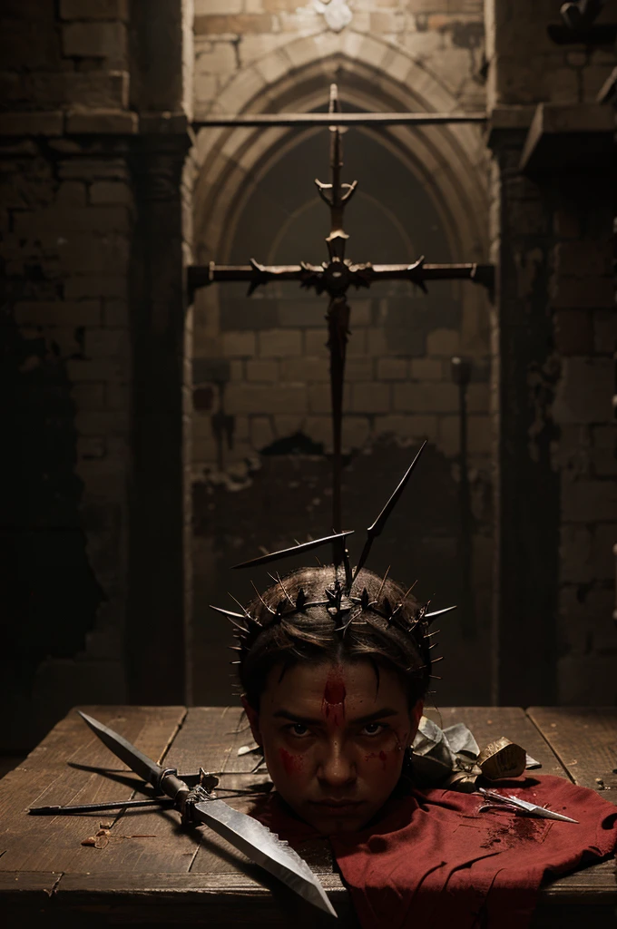 Create a picture There's The holy crown of thorns on the table, The knife is covered in blood