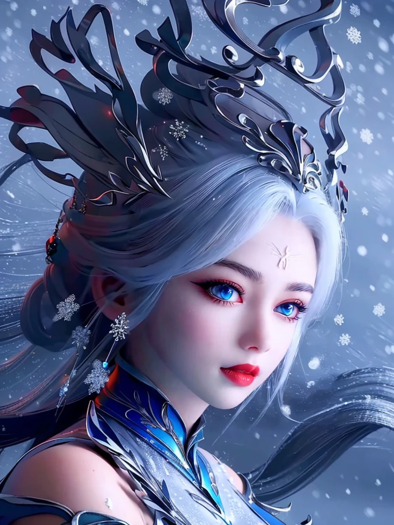 "1 beautiful girl wearing a traditional costume, a long thin light blue dress made of meticulously made silk, deep slit shirt, long hair and silver bangs with a hint of light blue, the most beautiful and detailed hair jewelry, beautiful little face thin eyebrows, the most beautiful and spotless face, ((black iris:0.8)), the very beautiful eyes, big round eyes, ((blue color eyes:1.1)), fine and detailed makeup eyelashes, high nose, wearing earrings, small red lips, rosy face, clean face, beautiful face without blemish, smooth white skin, ((big breasts: 0.9)), Blums , ((big and super round breasts:0.9)), ((super tight breasts:1.2)), ((breast augmentation: 0.8)), beautiful breasts, slim and body, ((thin waist: 0.9)), upper body of a beautiful girl, sexy girl, skirt, lace mesh socks to match the color of the outfit, fishnet stockings color coordinated according to the outfit, pose elegantly, elegantly, and politely, 8k photo, super high quality, super realistic, 10x super pixels, photo realistic, dark studio, border light, two tone light, (detailed skin high: 1.2), 8k uhd, dslr, soft light, high quality, volumetric light, candid, Photo, high resolution, light, best photo, 4k quality, 8k, Bokeh, Smooth and sharp, pixel up 10 times, lightning, super graphics, the most realistic graphics, (((Snowy background: 1.6))), 1 girl, alone, solo, ((frontal portrait:1.5)), Extremely sharp, super realistic images."
