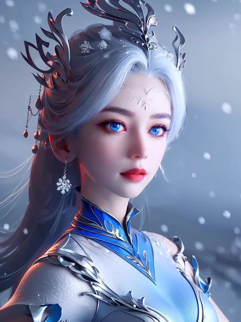 "1 beautiful girl wearing a traditional costume, a long thin light blue dress made of meticulously made silk, deep slit shirt, long hair and silver bangs with a hint of light blue, the most beautiful and detailed hair jewelry, beautiful little face thin eyebrows, the most beautiful and spotless face, ((black iris:0.8)), the very beautiful eyes, big round eyes, ((blue color eyes:1.1)), fine and detailed makeup eyelashes, high nose, wearing earrings, small red lips, rosy face, clean face, beautiful face without blemish, smooth white skin, ((big breasts: 0.9)), Blums , ((big and super round breasts:0.9)), ((super tight breasts:1.2)), ((breast augmentation: 0.8)), beautiful breasts, slim and body, ((thin waist: 0.9)), upper body of a beautiful girl, sexy girl, skirt, lace mesh socks to match the color of the outfit, fishnet stockings color coordinated according to the outfit, pose elegantly, elegantly, and politely, 8k photo, super high quality, super realistic, 10x super pixels, photo realistic, dark studio, border light, two tone light, (detailed skin high: 1.2), 8k uhd, dslr, soft light, high quality, volumetric light, candid, Photo, high resolution, light, best photo, 4k quality, 8k, Bokeh, Smooth and sharp, pixel up 10 times, lightning, super graphics, the most realistic graphics, (((Snowy background: 1.6))), 1 girl, alone, solo, ((frontal portrait:1.5)), Extremely sharp, super realistic images."